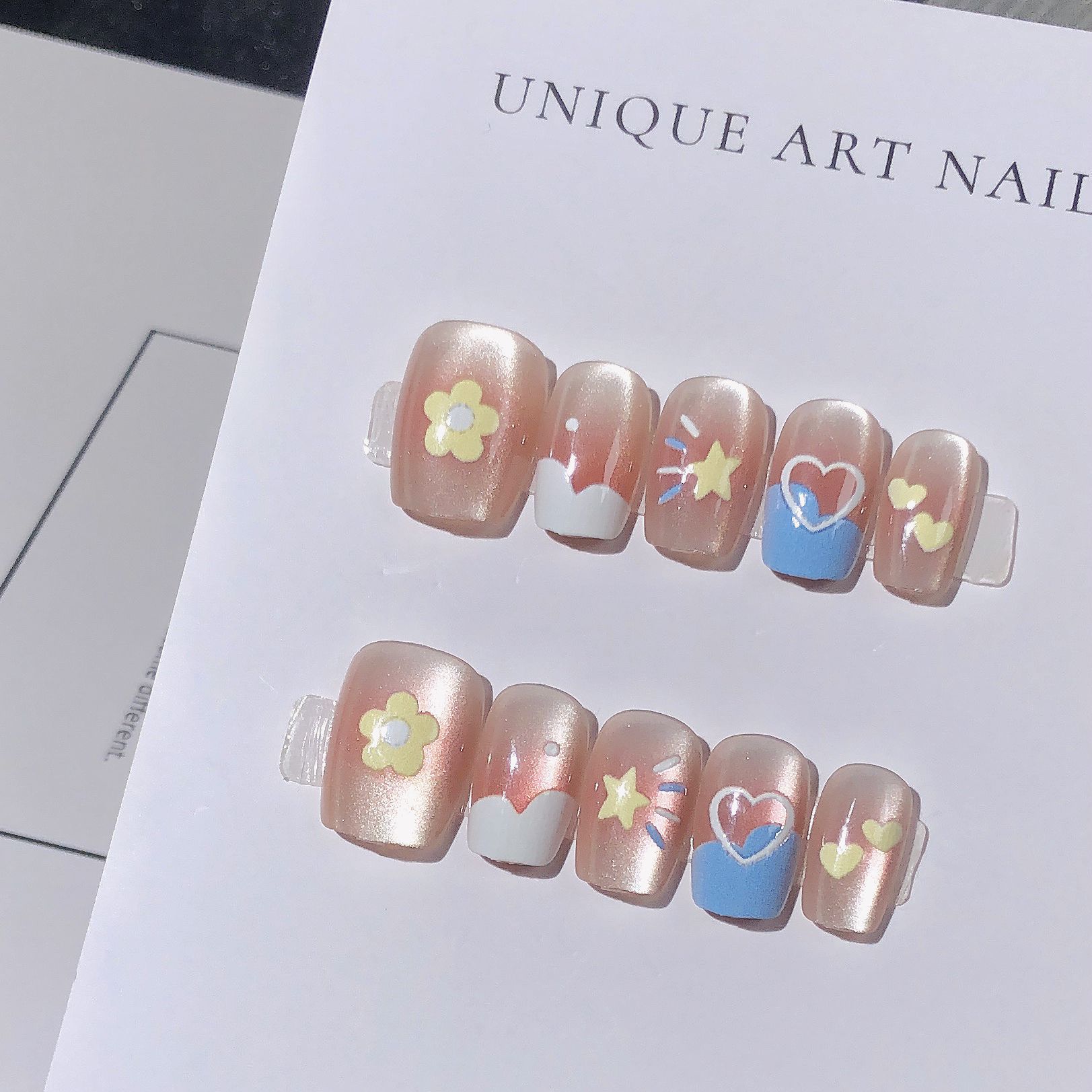 穿戴甲可愛ins風藍色愛心暈染甲片成品可拆卸高級美甲貼片全碼30P