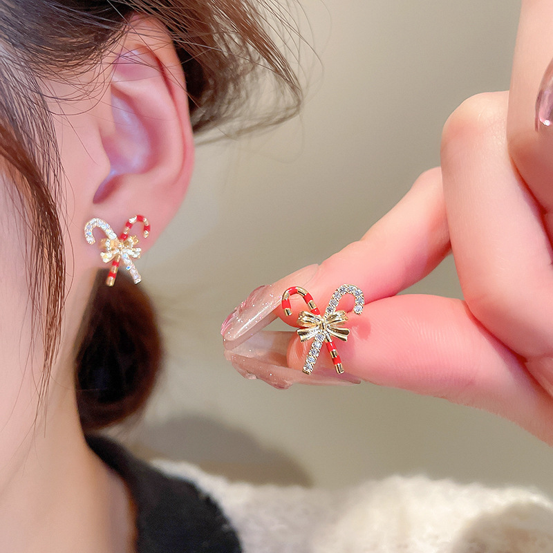 Christmas earrings small cane bow exquisite cute sweet earrings silver needle earrings winter new products_voghion.com