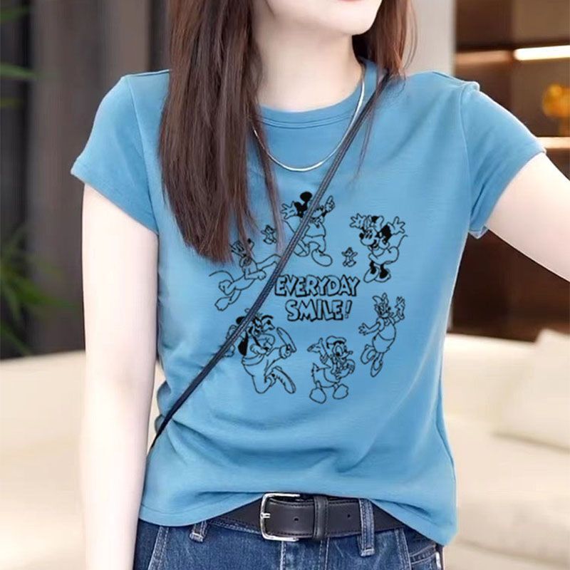 2026 New Style Pure Cotton Short-Sleeved T-Shirt for Women with Unique Design, Fashionable and Stylish Lake Blue High-End Top