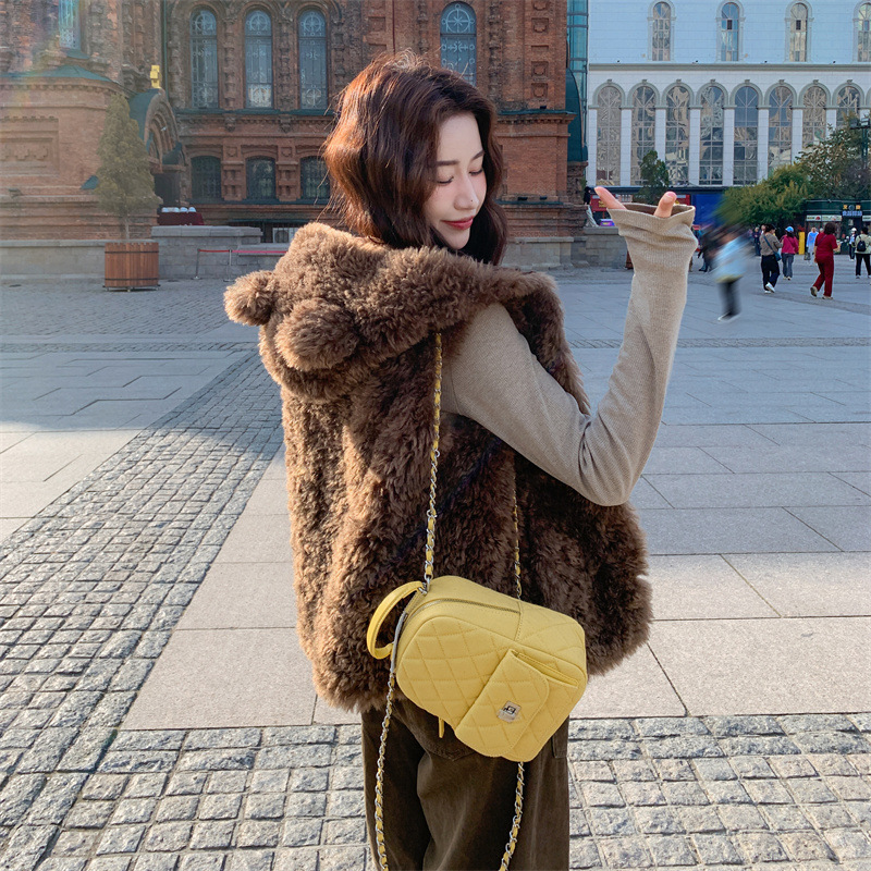 Short Eco-Friendly Faux Fur Vest with Bear Ears, Lamb Fur Vest for Women, Hooded Fur Coat for Petite Sizes