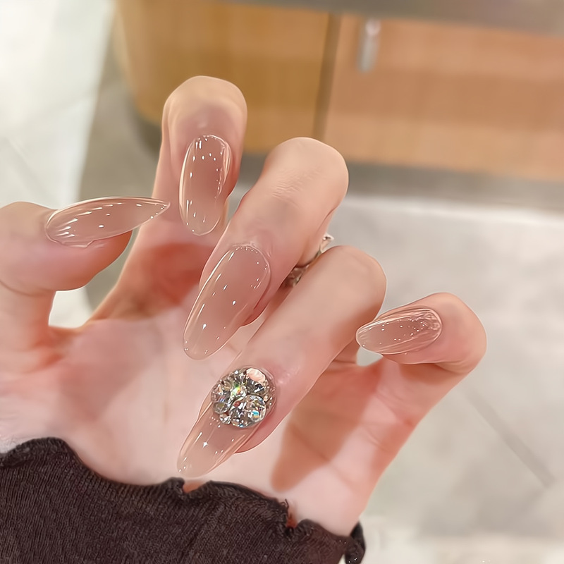 [Lingluo original] ice through nude color Hua Fei diamond ball handmade nail art white simple temperament almond armor can be wholesale