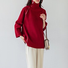 春秋季宽松显瘦软糯加厚针织打底衫粗棒针红色侧拉链慵懒高领毛衣