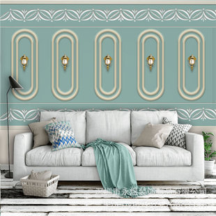 Retro American wireframe wall covering simple high-level front desk background wall wallpaper French green plaster line 3d mural