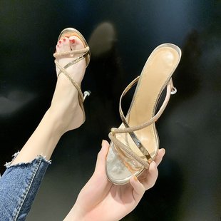High-heeled Sandals Rhinestone Women's Thin Heel Open Toe 2024 Summer New All-match One-word Half Slippers for Outer Wear Internet Trendy