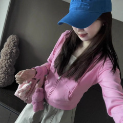 美式甜辣粉色短款连帽卫衣外套女秋季新款修身显瘦开衫设计感上衣