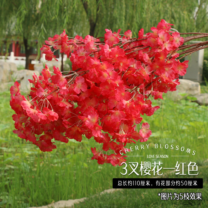 Ramas de Sakura con flores artificiales de tres puntas para decoración de interiores y exteriores en centros comerciales, ramas de flores de seda con enredaderas de cuatro puntas y tallos extendidos.