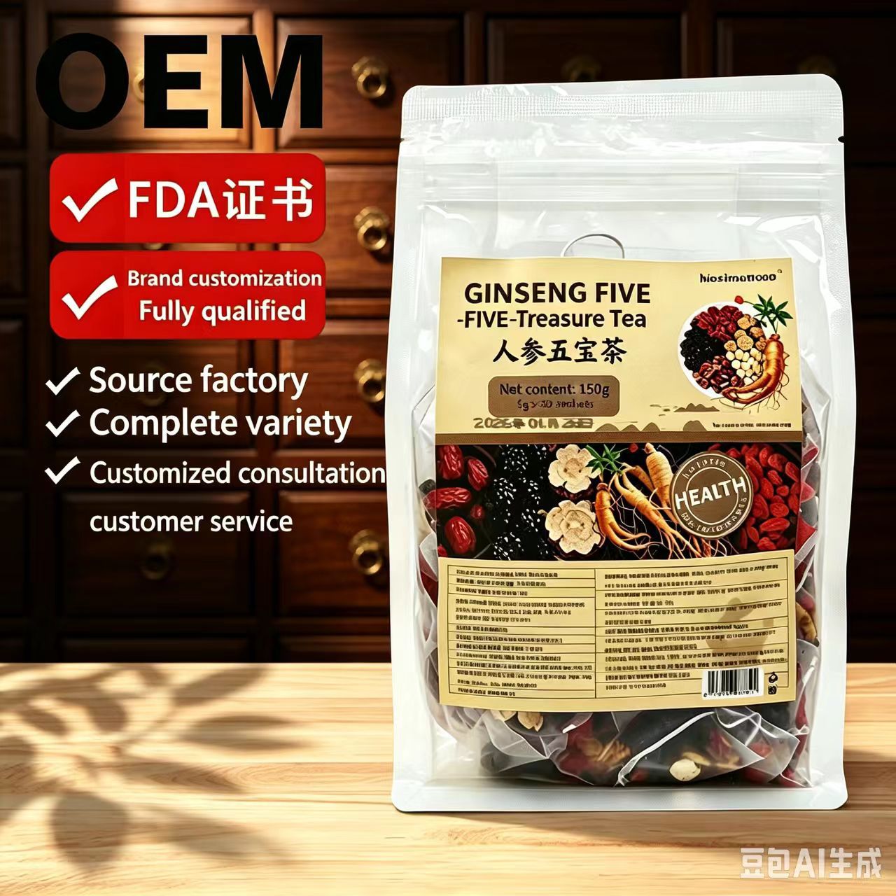 Ginseng Six Treasure Tea Ren Shen Liu Bao Cha 30 Pyramid Tea Bags Daily Herbal Blend 150g specifications
