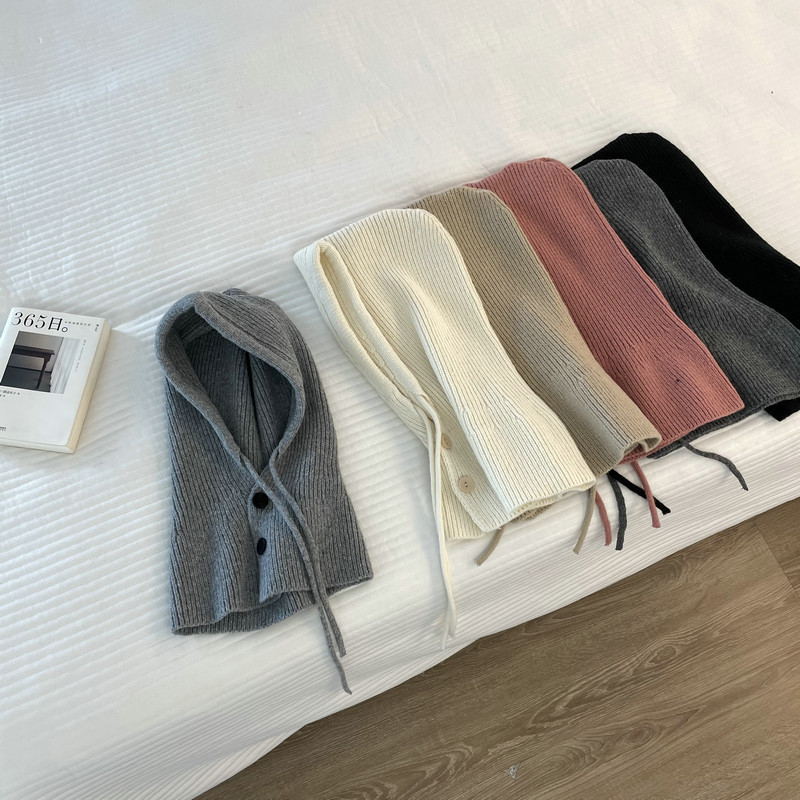 161g Weight Wool Cap Hats Type Holiday, Daily Occasion yarn, Polyester Material Solid Color Pattern Autumn&Winter Season Women's Gender Simple Style, Classic Style Style Eaveless Rim Balaclava Women's  Winter Warm Hat Scarf Integrated Knitted Earflaps Woolen Cap High Sense 无