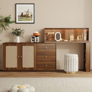 Retro Style Rattan Solid Wood Dresser Integrated Storage Cupboard 2024 New Bedroom Retractable Corner Dresser