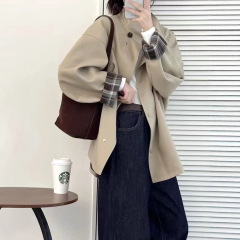 早秋2025新款英伦风复古高级撞色设计感女小个子宽松外搭风衣外套
