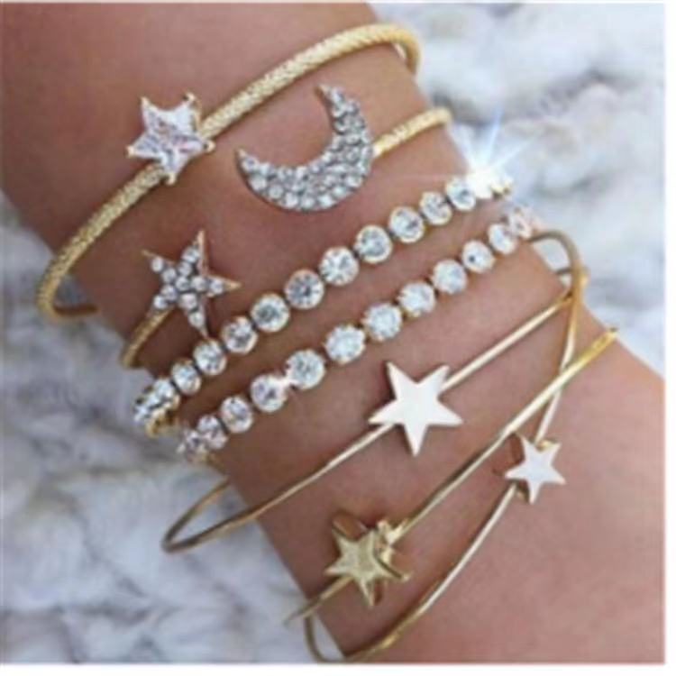 Europe and America Multiple sets of Bracelet AliExpress WISH Diamond star Moon Opening Bracelet Four piece suit Bracelet suit