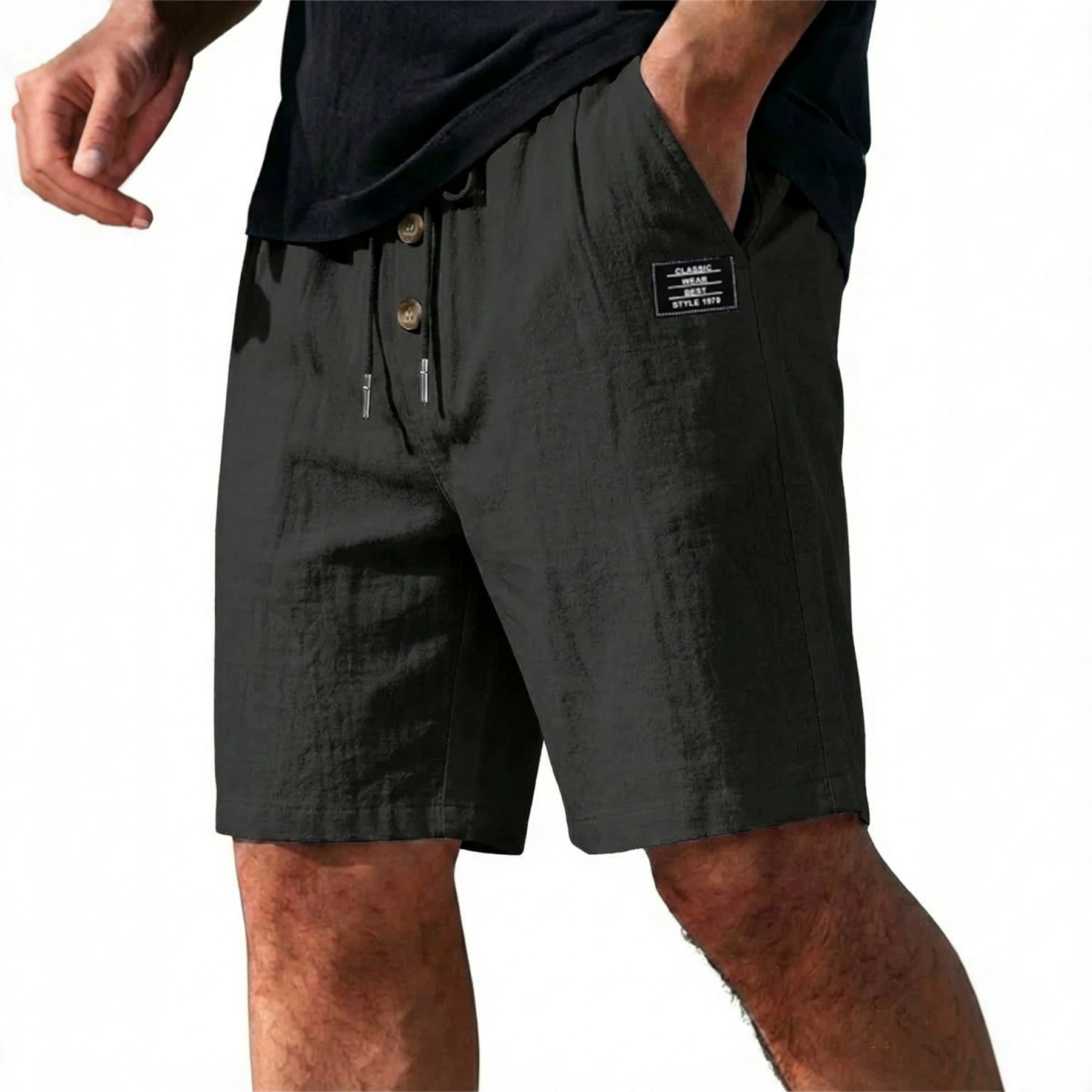 Men's Summer Cotton Linen Blend Loose Fit Solid Color Casual Shorts Trendy Sports plus Size mid Waist Beach Wear_viptrois.com