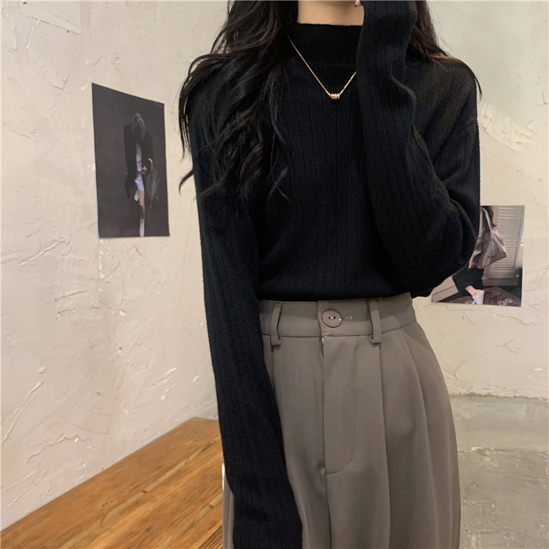 商品详情图_咖色针织衫女设计感小众2022年秋冬新款半高领长