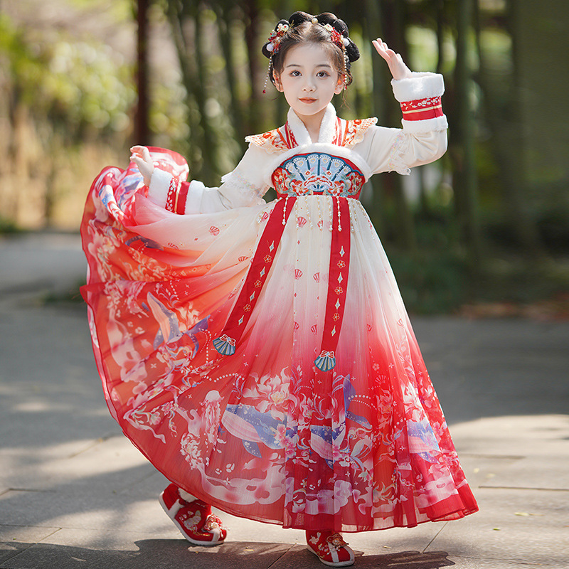 Hanfu children's winter New Year dress, children's ancient costume dress, national style Tang suit princess dress for little girls, New Year's clothing