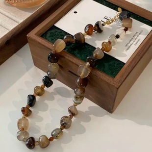 Special-Shaped Beaded Coffee Agate Necklace New Chinese Ink Style Natural Stone Clavicle Chain Titanium Steel Necklace Stackable