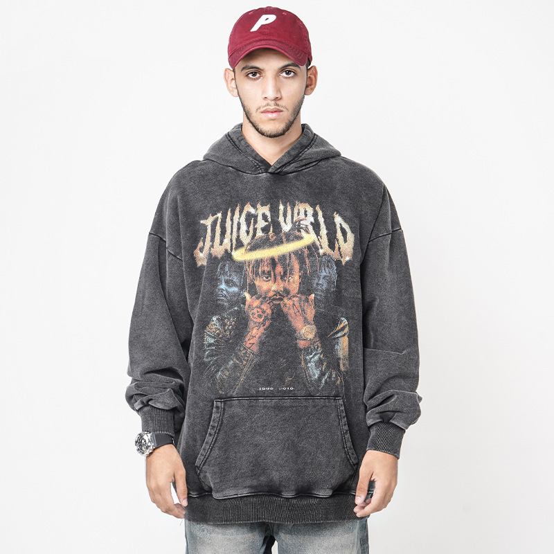 Juice Wrld Hip-Hop Printed Sweatshirt Retro Washed Hoodie Men's High Street Loose Trendy Brand Men's Tops