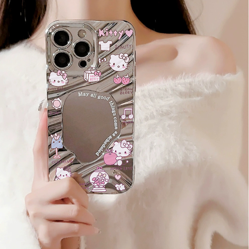 ウェーブミラー かわいい KT 猫 Apple 15promax 携帯電話ケース iPhone1121314 女性 8plusxrxs|undefined