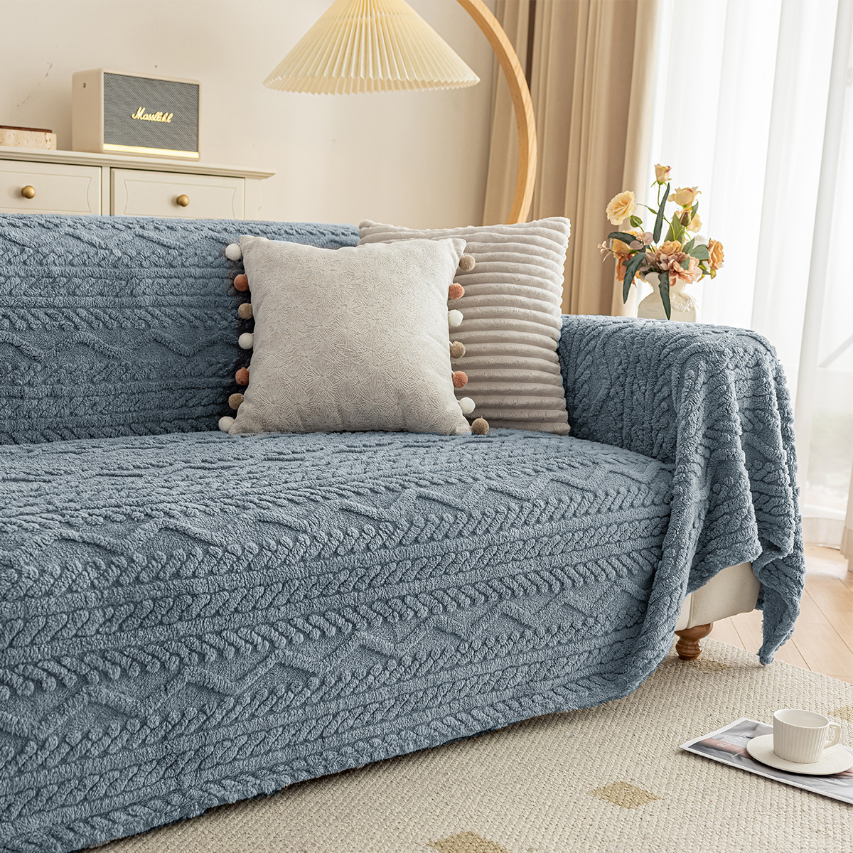 Toalla de sofá de terciopelo de algodón Shu de doble cara transfronteriza, lujo ligero, sensación de alta calidad, cubierta completa de otoño e invierno, felpa anti-gato, tela de la cubierta del sofá