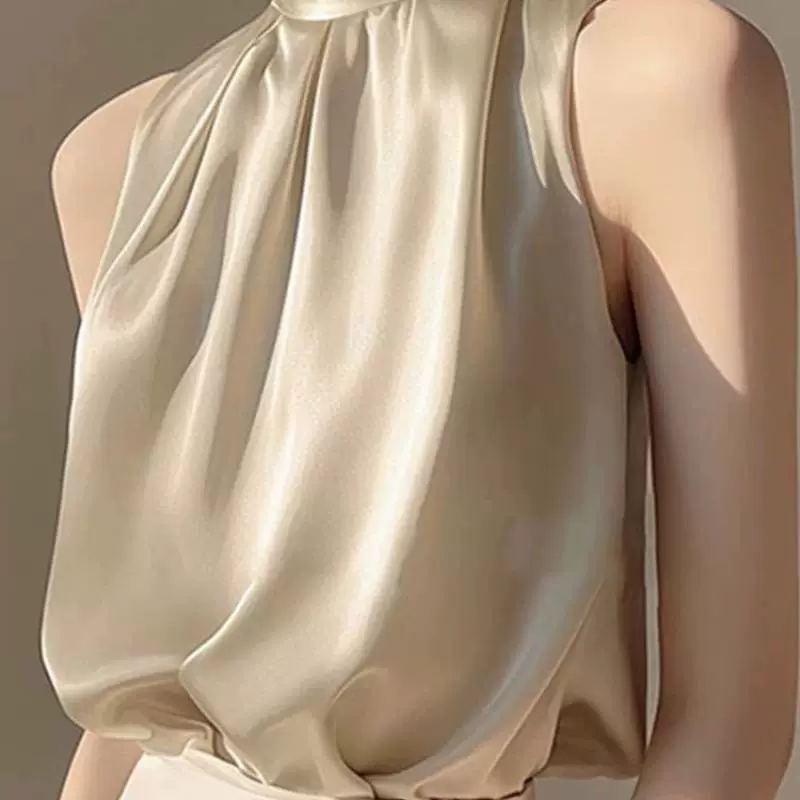 Популярный женский топ без рукавов с лямкой на шее, элитная, шикарная и красивая синяя рубашка на одно плечо цвета шампанского.