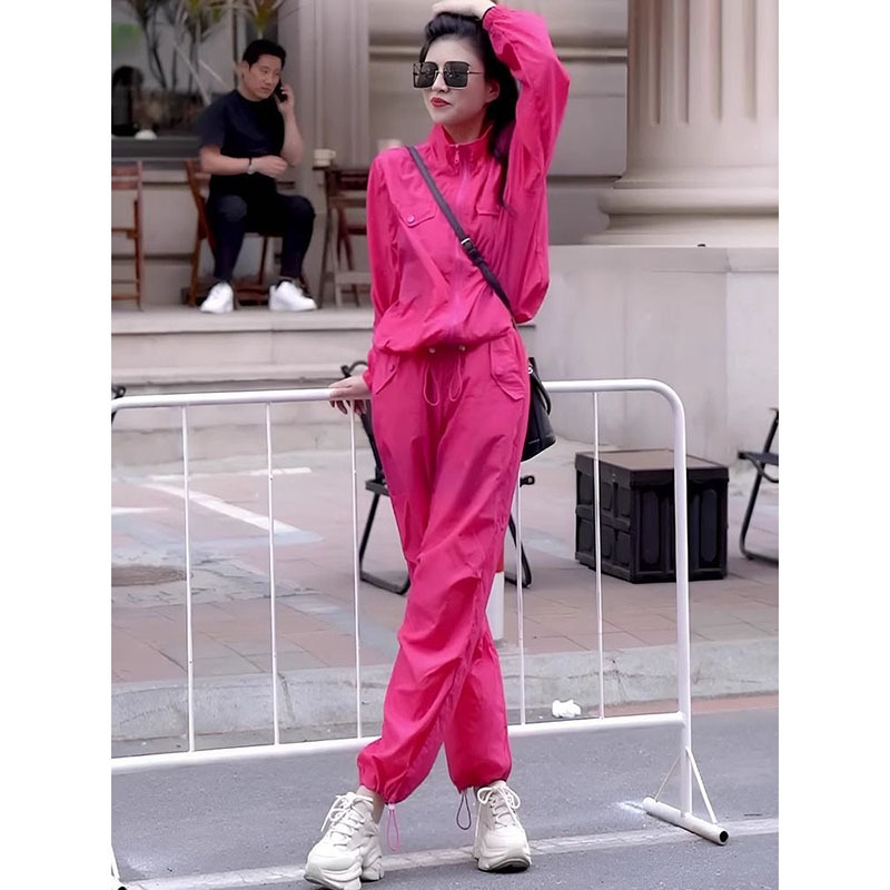 ローズレッドカジュアルスポーツスーツ女性用アウトドアフィットネスランニング巾着ジャケットレギンスパンツ春服一式セット|undefined