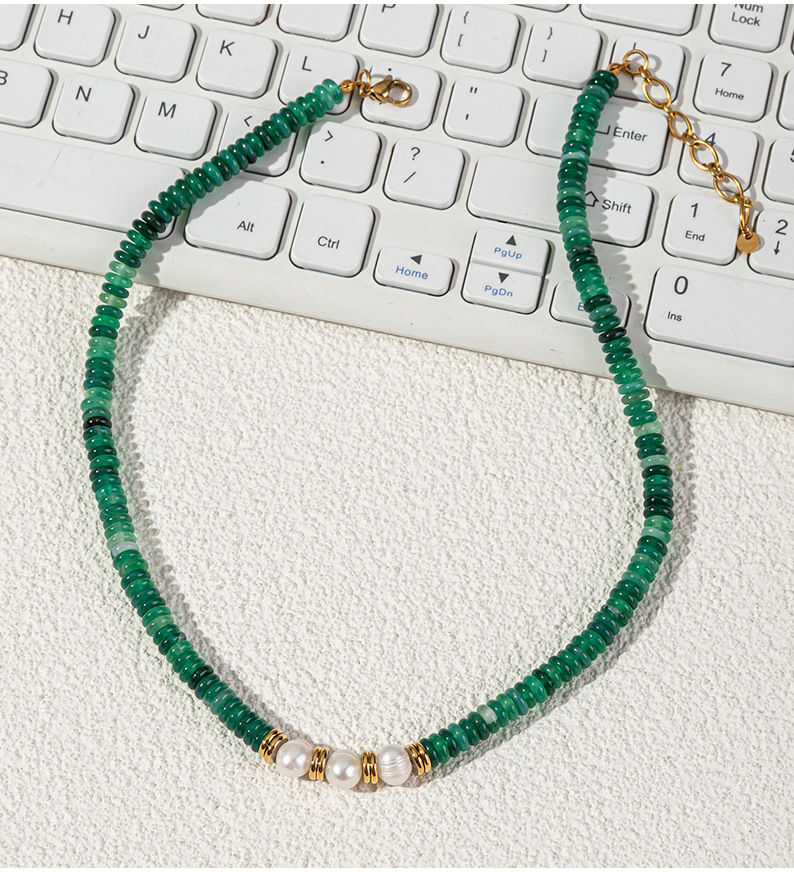 Linglang Vintage Green Natural Stone Beaded Necklace Women's Natural Pearl  Collar Chain Handmade Pearl Jewelry