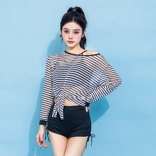 Women's Separate Three-Piece Swimsuit Set Conservative Fashion Striped Long-Sleeved Slimming Straight Leg Pants Hot Spring Swimwear Wholesale