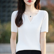夏季新款曲珠针织T恤女半开领抽条套头短袖时尚气质百搭打底上衣
