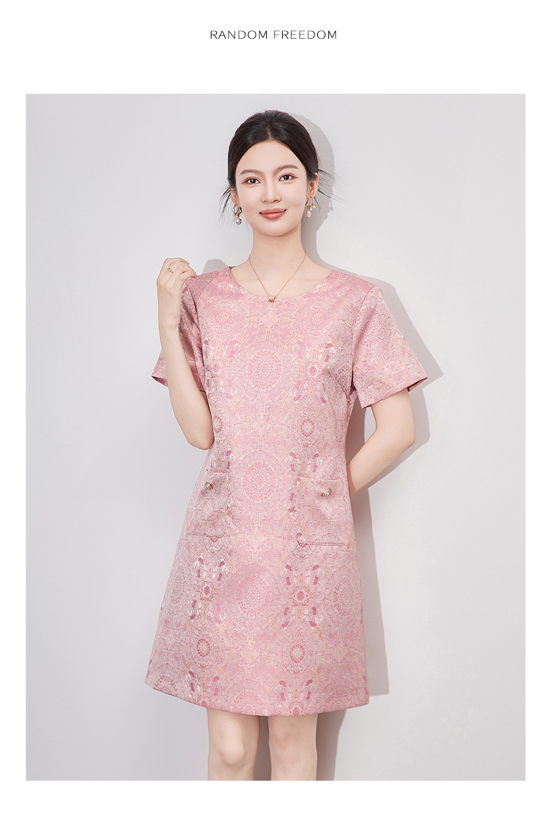 Váy chữ A jacquard lụa vàng phong cách quốc gia tay ngắn chất lượng cao — Màu xanh lam chi tiết 10