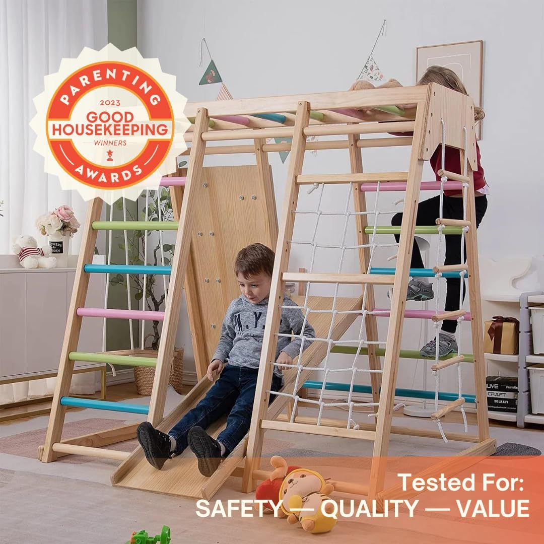 室内游乐场 7 合 1  丛林健身房 - 滑梯、 攀岩墙、绳索墙