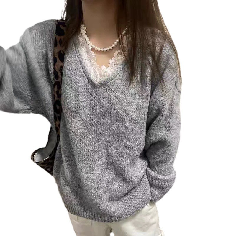 韩系V领蕾丝拼接毛衣女2025年秋季新款宽松慵懒软糯套头针织上衣|undefined