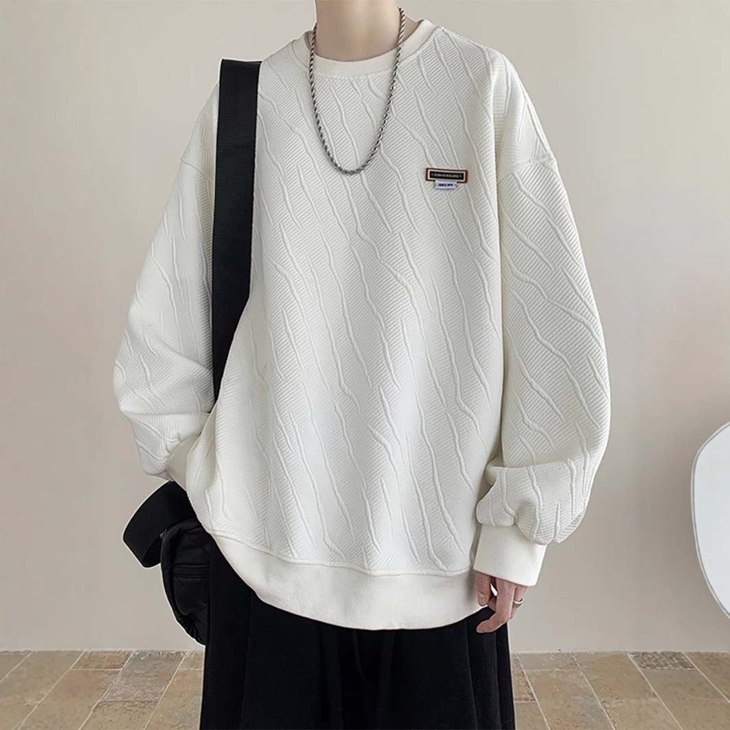 Textura suéter de cuello redondo los hombres Primavera y Otoño 2023 nueva marca moda ropa suelta pesada con capucha manga larga top