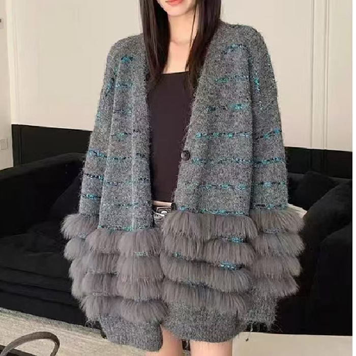 韩系慵懒风V领仿貂毛拼接针织开衫秋冬新款仿皮草时尚气质外套潮|undefined