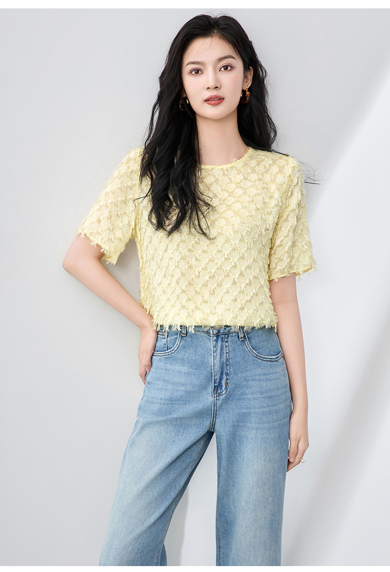 Áo thun lụa hoa cổ tròn thanh lịch đi làm mùa hè nữ phong cách rộng rãi — Màu đen chi tiết 11