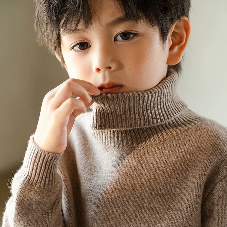 Детский свитер с высоким отворотом, 100 шерстяной свитер, мужской теплый топ для детей среднего и большого размера, утолщенный свитер для девочек, Молодежный свитер