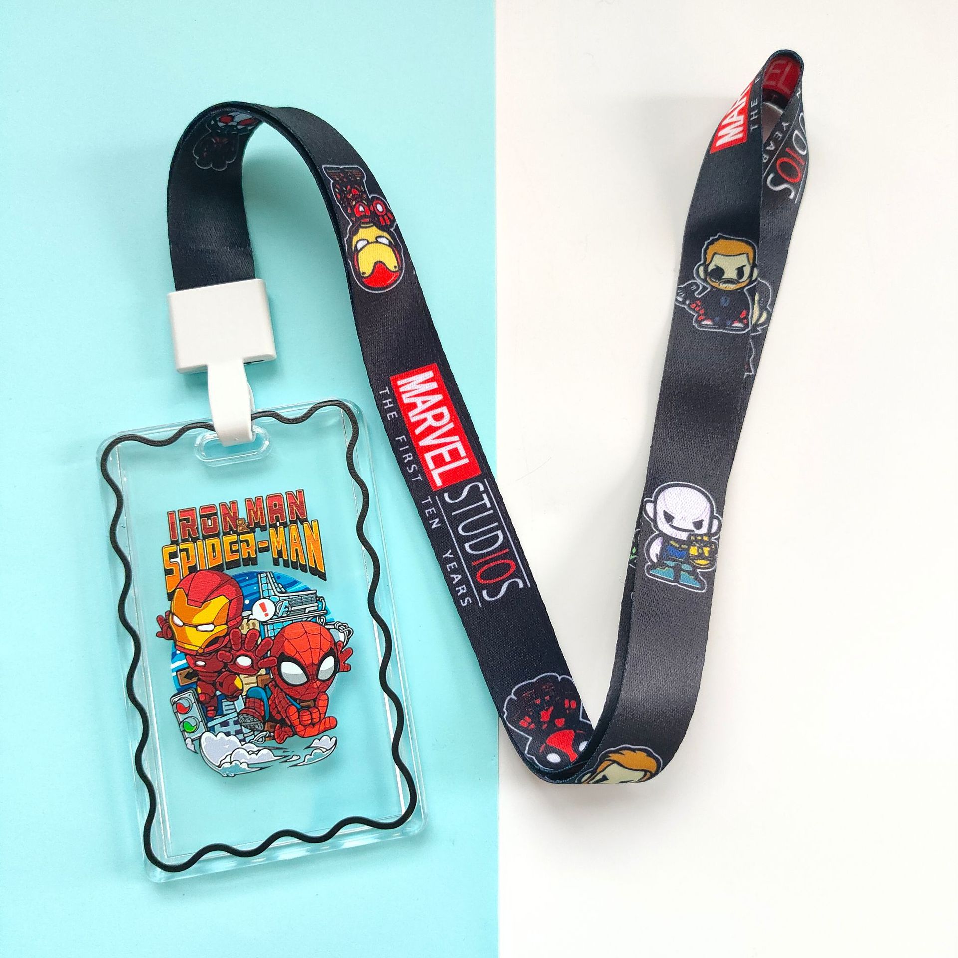 Transparent flip cover card holder with lanyard, suitable for campus meal cards, work IDs, and international travel, featuring Marvel Spider-Man embossed long lanyard.
