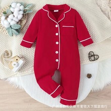 Red cotton drawstring long sleeve onesie for children连体衣