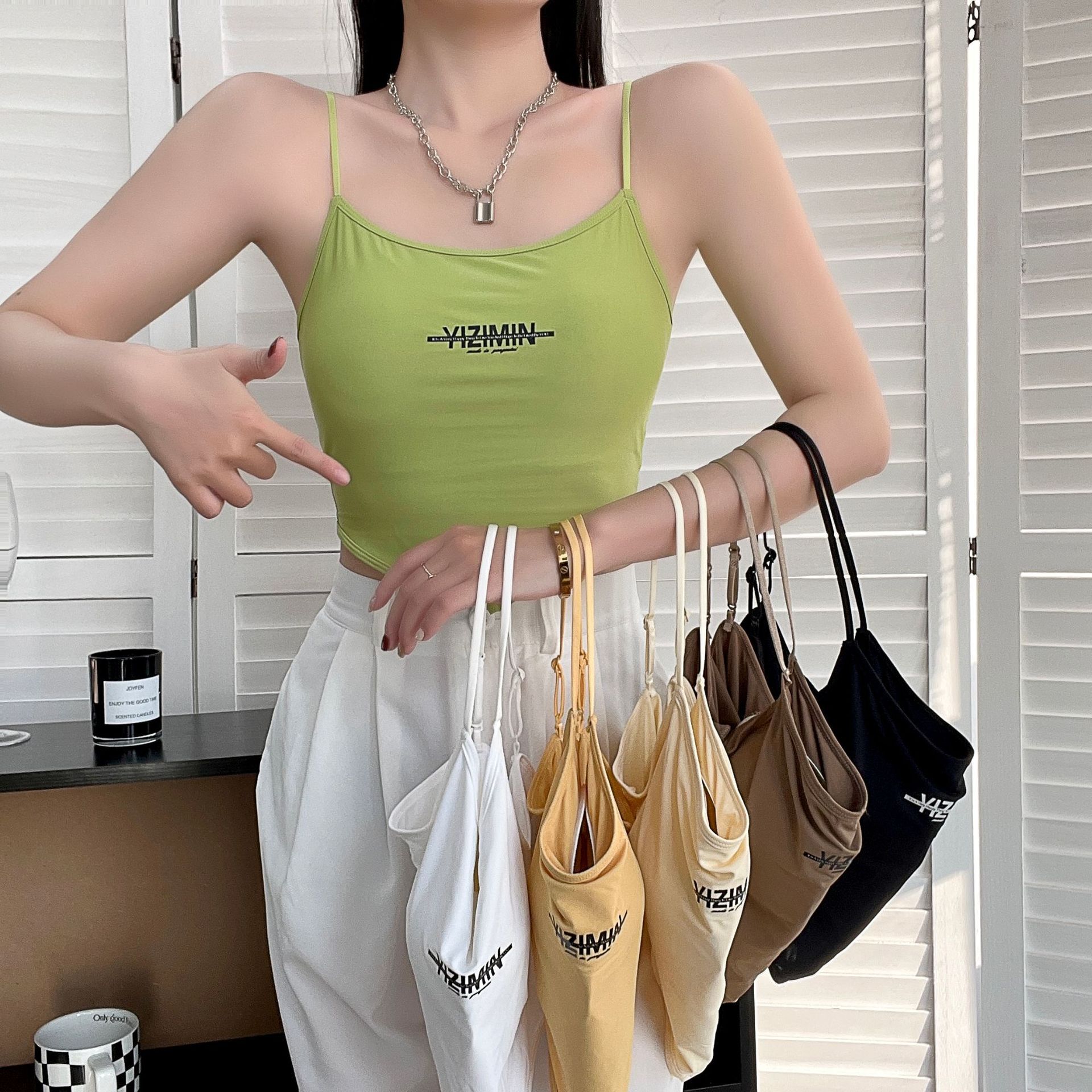 Summer Ice Silk Sling Beautiful Back Vest Breathable Letter Printed Spice Girl Slimming with Chest Pad Outer Wearing Girl Tube Top