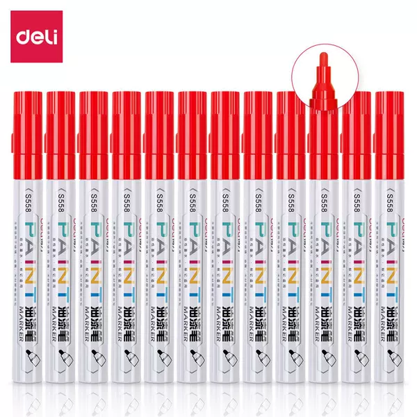 Deli S558 Paint Pen Tire Marker Pen, Not Easy to Fade or Discolor, Red (12 Pieces/Box)