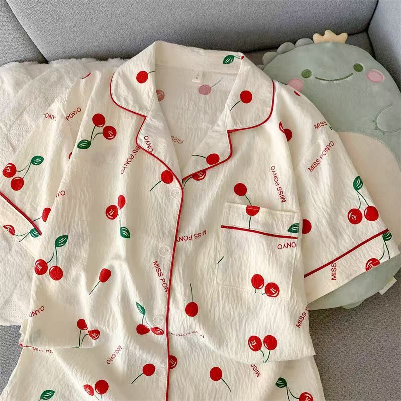 Venta al por mayor transfronteriza verano nuevo pijama mujer nube rebeca de solapa de algodón pantalones cortos de manga corta traje de servicio a domicilio dulce y lindo