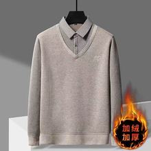 男士假两件毛衣秋冬季加绒加厚一体绒针织衫衬衫衫领商务毛衣潮流