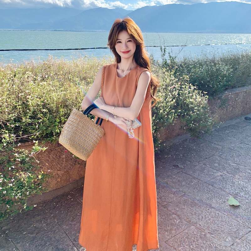 Orange Color Is Super Nice, Simple and Lazy Style Vest Dress for Women, 2026 Summer New Casual Fashion Round Neck A-Line Skirt