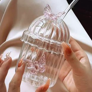 Creative Internet Red Butterfly Suction Cup with Lid Ins Style Butterfly Juice Cup Milk Cup Vertical Pattern Butterfly Cup
