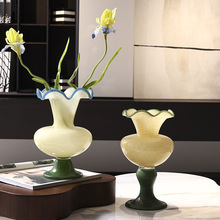 中古玻璃花瓶 绿色高脚法式ins花器 插花 高级感装饰摆件可混