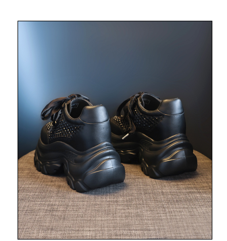 Giày sneaker chunky nữ đế dày lưới thoáng khí tăng chiều cao đính đá — Màu đen chi tiết 19