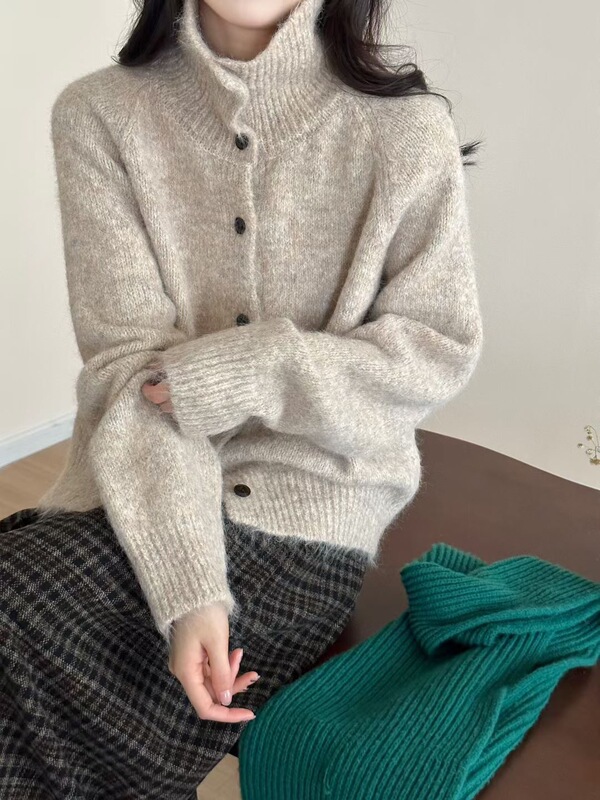 慵懒复古杂色花线高领纽扣毛衣外套女宽松秋冬软糯针织开衫厚上衣|undefined