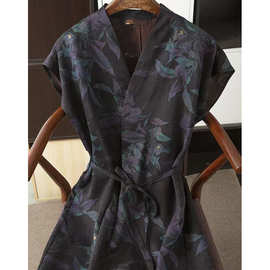 仿桑蚕丝非遗香云纱提花连衣裙女夏季真丝V领连袖收腰系带长裙新