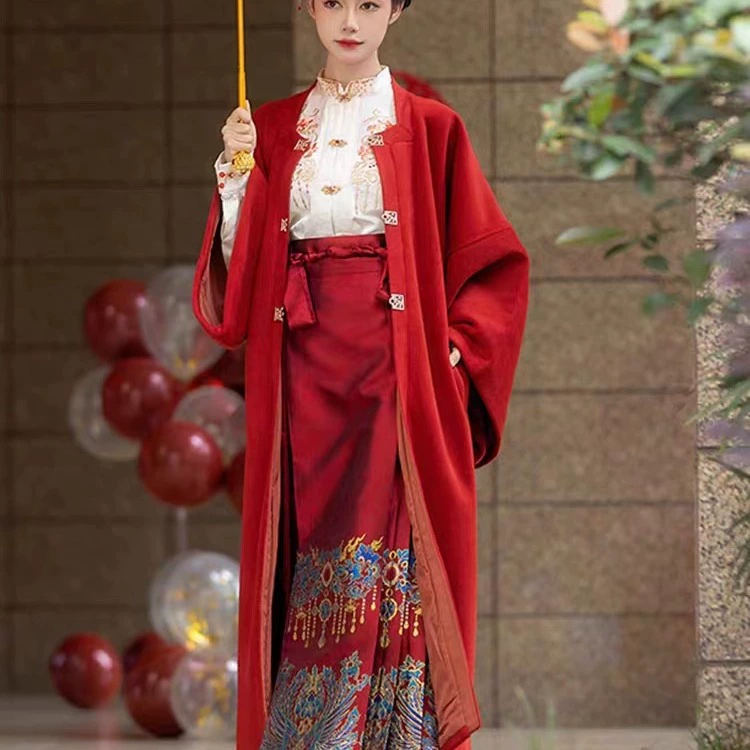 Осенне-зимняя женская юбка ханьфу [Cui Qi] Макси Ming, новая рубашка со стоячим воротником в китайском стиле, толстое шерстяное пальто, пригородное пальто