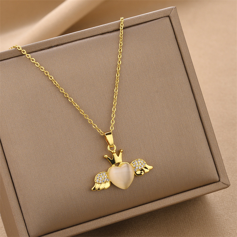 Fashion Heart Shape Wings Titanium Steel Inlay Rhinestones Opal Necklace 1 Piece display picture 2