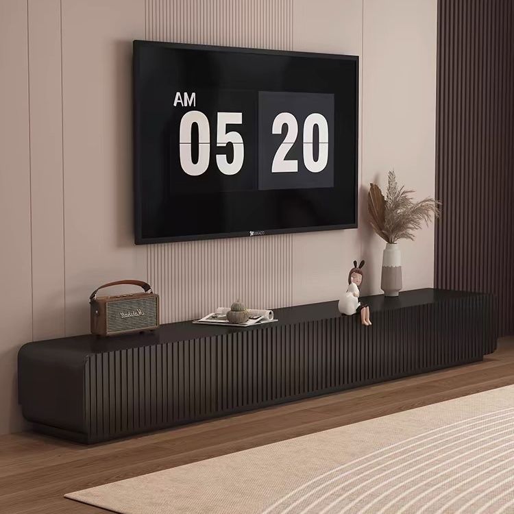 Madera sólida moderna lujosa alta sensación de gabinete de televisión de parrilla sala de estar hogar simple negro contra la pared piso gabinete de televisión image 2