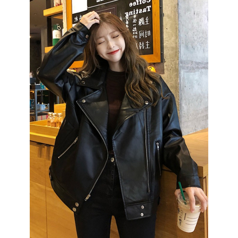 Leather Coat Women's Autumn and Winter 2024 Korean-style Cotton Loose Casual College-style Biker Jacket for Women
